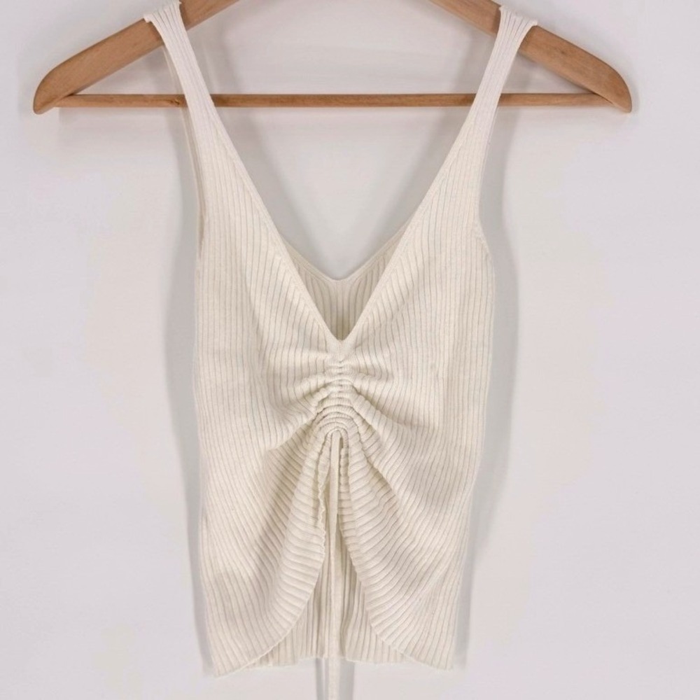 Womens White Ribbed Ruched Drawstring V-Neck Tank Coquette Coastal Cotton Size S